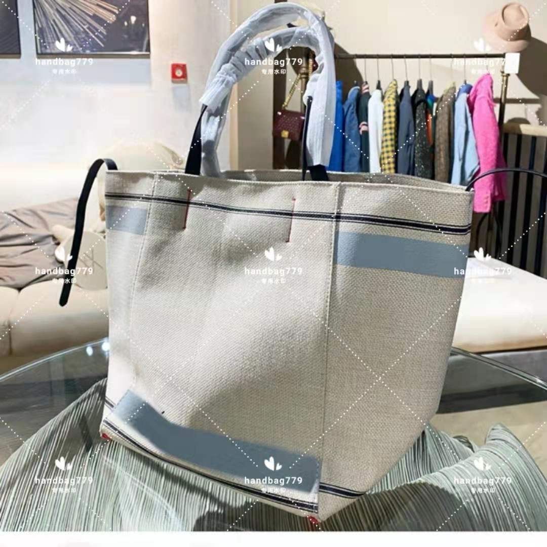 

Classic luxury canvas shopping bags design blue stripe patchwork multi functional travel tote beach bag inner zip pocket leather shoulder st