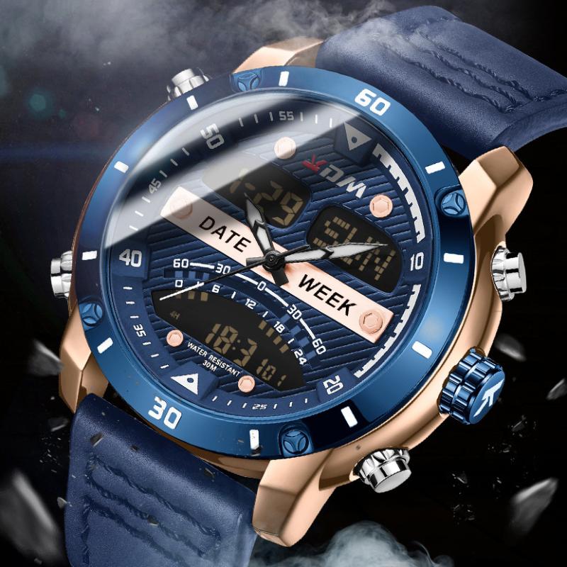 

Wristwatches KDM Mens Watches To Men Leather Sports Men's Quartz LED Digital Clock Waterproof Military Wrist Watch Male, Black