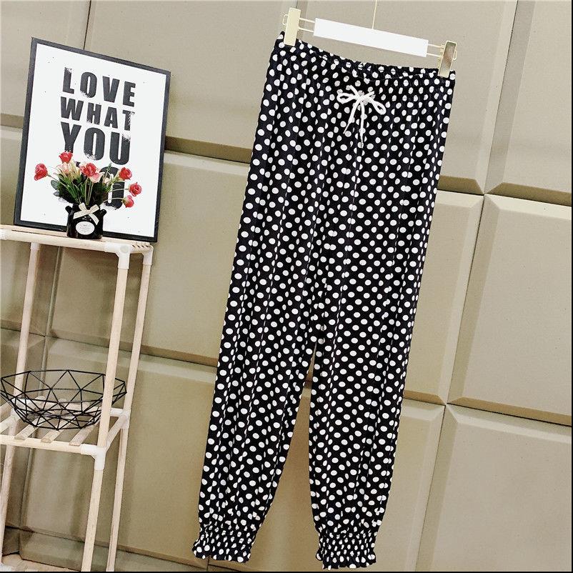 

harem pants womens women cool rayon loose drawstring print dot casual mom sweatpants big size fashion trousers, Black;white