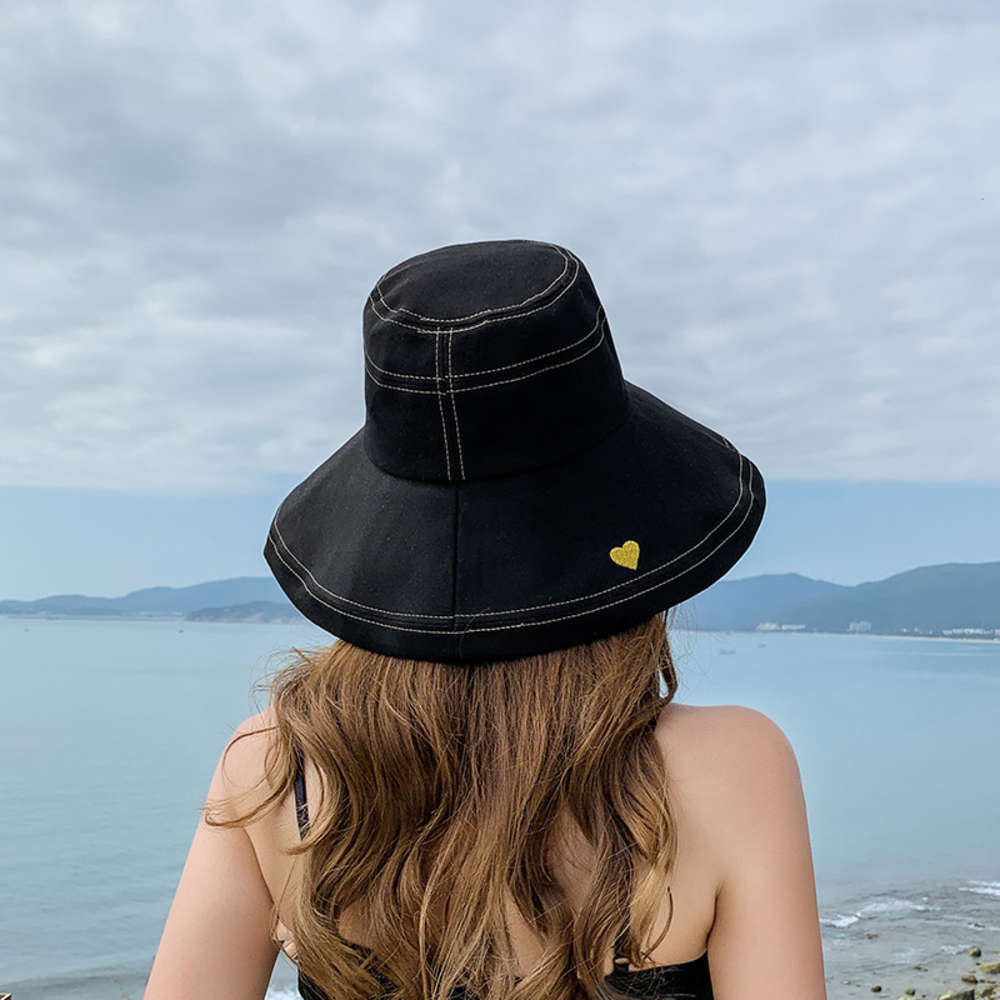 

Sun hat female summer Korean fashion fisherman's embroidered Love Big Brim travel sunshade Sun Hat, Blue;gray