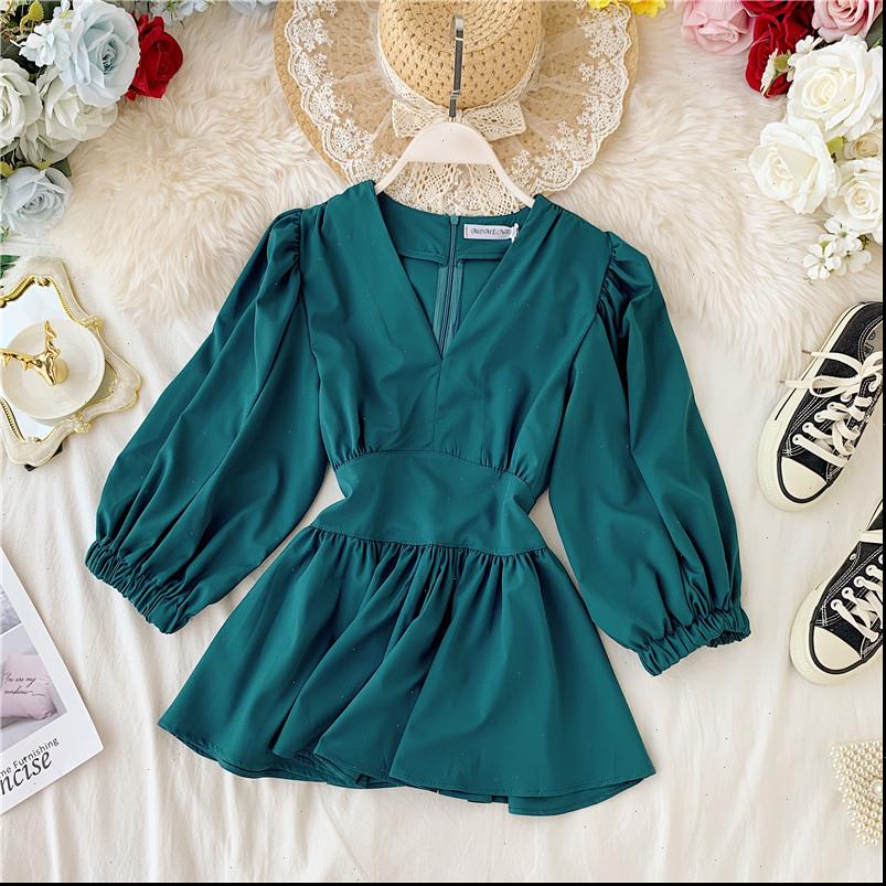 

v neck spring autumn womens shirts temperament style was thin waist full tide solid puff sleeve blouses ml564, White