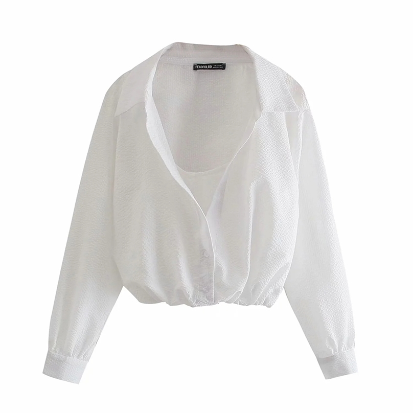 

women White crop blouse long sleeve chic Female lady shirt blusas femininas lapel Fake two summer top Elegant tops 210520