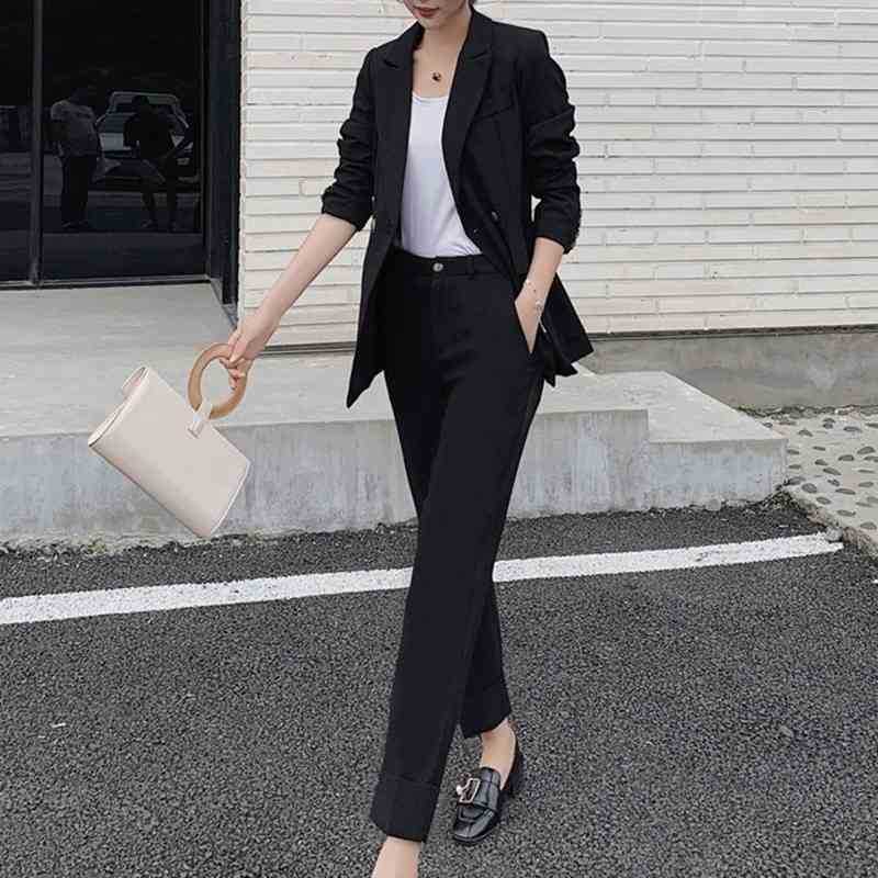 

ZAWFL High Quality Chic Woman Pant Suits Office Lady Sets double breasted lined blazer jacket & trousers 2 piece set Female 210525, Picture color