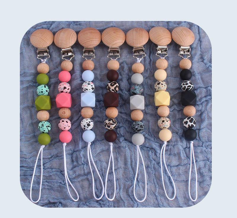 

DIY Leopard Silicone Baby Pacifier Clips Chain Natural Wooden Infant Teether Teething Beads Newborn Teeth Chew Toys D254