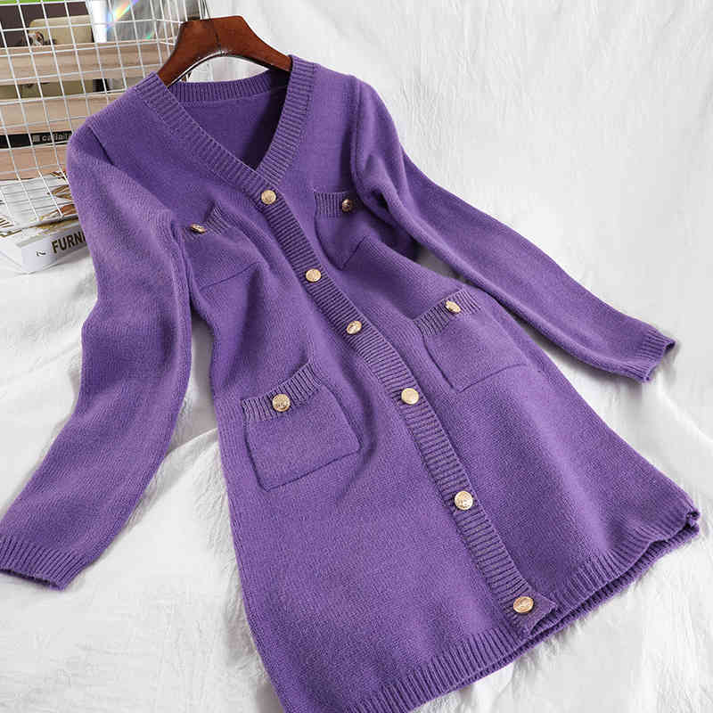 

Spring Arrivals Solid Color Knitted Long Sleeve V-neck Single Breasted Fashion Women Bottomed Mini Dress MZ938 210525, Black