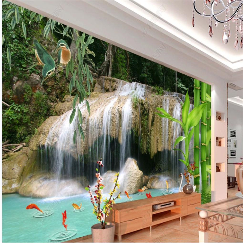 

Photo green waterfall wallpapers 3d landscape modern wallpaper for living room