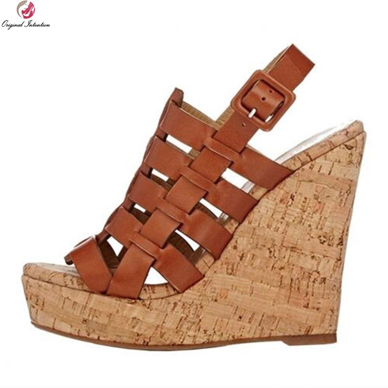 

Original Intention Women Sandals Open Toe High-quality Wedges Brown Shoes Woman Plus Size 4-15 Dress, Black