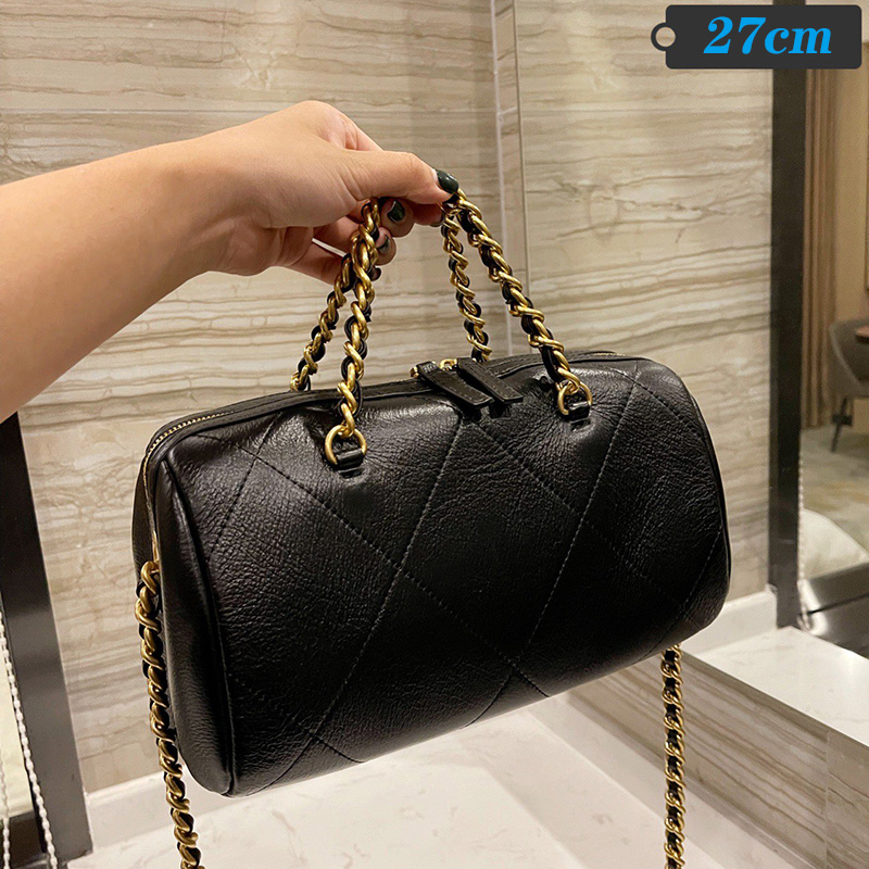 

Top soft leather women's handbag pure black pillow bag Luxury design Vintage Metal Letter inlaid shoulder bags 2 sizes classic women Purse, 23cm black