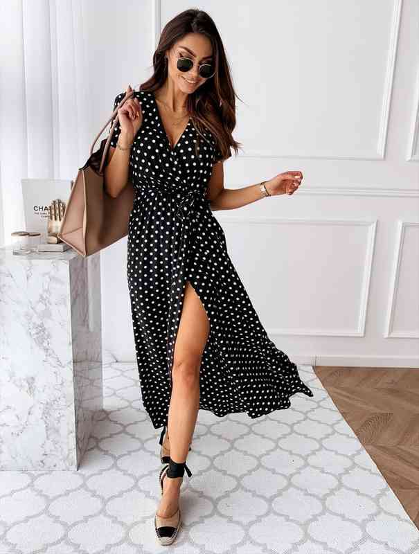

womens summer fashion maxi dress short sleeve v-neck ladies polka dot dreeses split vestidos for femela boho beach holiday dress, Black;gray