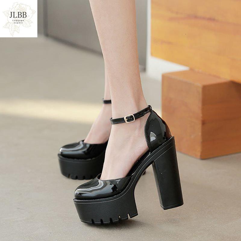 

Sandals Patent Leather Chunky Heel Platform Ankle Cross Belt Round Toe Sexy 13cm Pumps Dress Shoes Black Buckle X74M