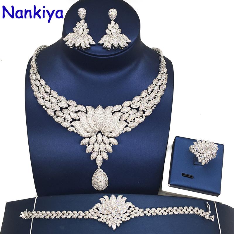 

Earrings & Necklace Nankiya Luxury Top Quality Women Party Wedding Jewelry Set Pave CZ Lotus Flower Shape Nigerian Big Bridal NC713, As pic