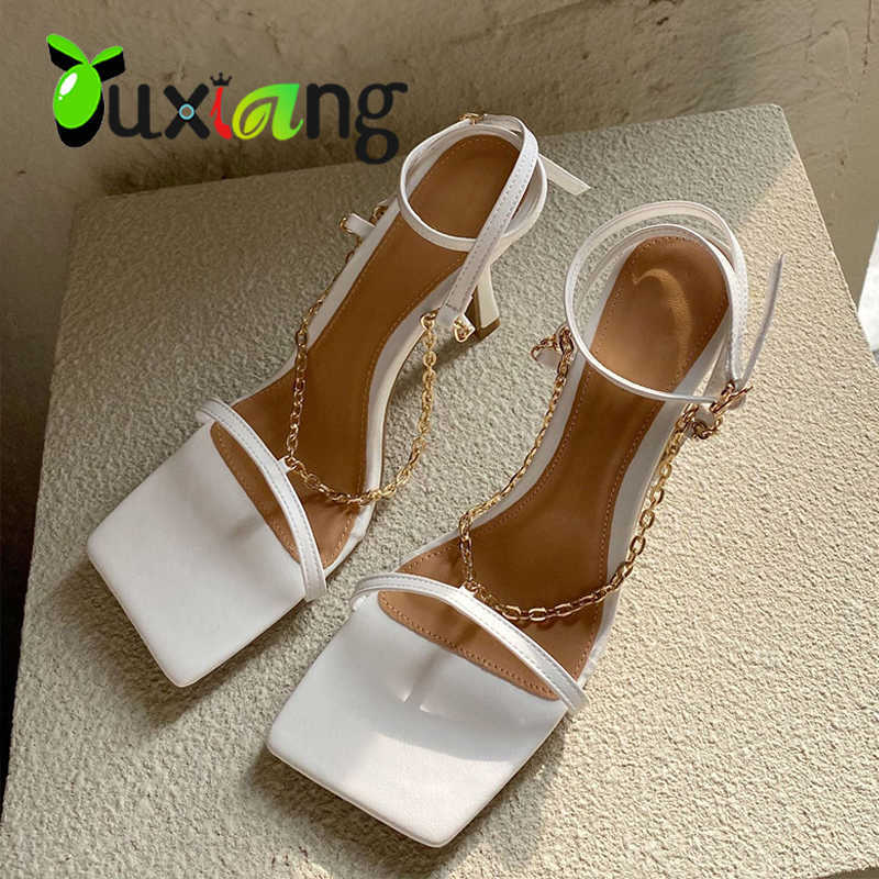 

Women Sandals Heels Narrow Band Sexy High Heels Ladies Luxury Metal Chain Shoes Fashion Square Toe Sandals White Stripper Heels Y0721, Purple