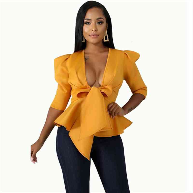 

elegant office womens and blouses women deep v-neck half sleeve tie bow peplum shirt blusa plus size blusas feminina, White