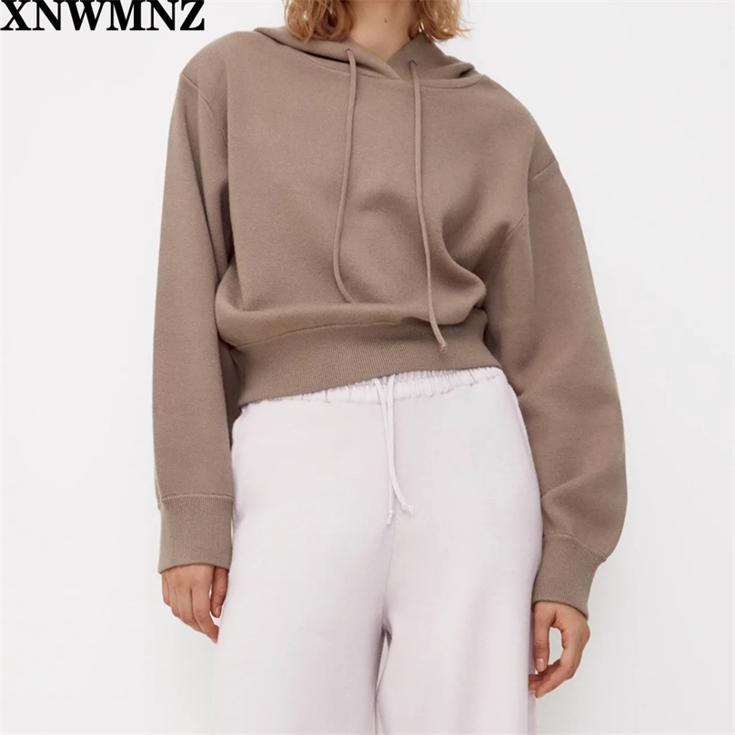 

Women Fashion Knit hoodie Vintage high neck Long cuffed sleeves adjustable drawstring hood Female Pullovers Chic Tops 210520, Picture color