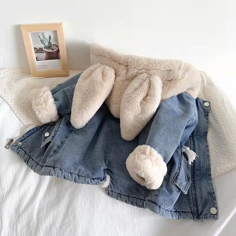 

Down Coat Baby Girls Warm Denim Jacket Winter Hooded Fleece Lining Kids Fashion Thicken Princes Clothes Outerwear Tops Snowear, Blue;gray