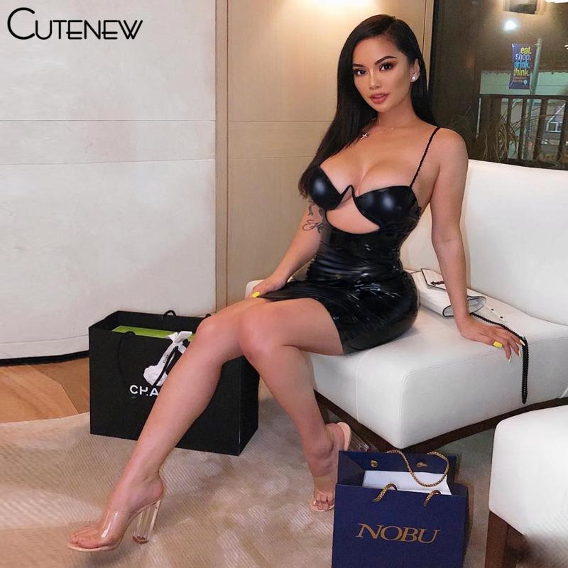 

Casual Dresses Cute PU Leather Solid Mini Women 2021 Sexy Low Neck Hollow Out Backless Skinny Female Bodycon Party Clubwear Outfits, Black;gray