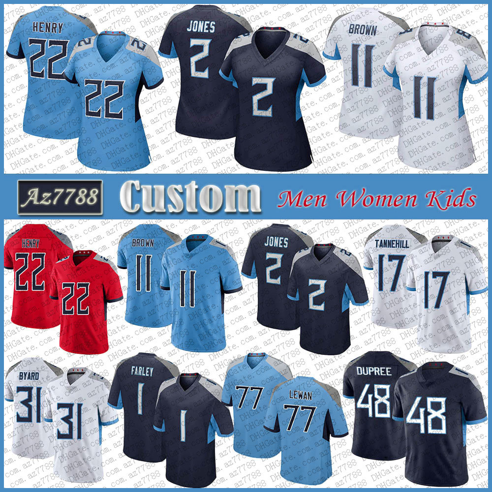 

TEN 2 Julio Jones 22 Derrick Henry Custom Men Women Kids Football Jersey 11 AJ Brown 17 Ryan Tannehill Taylor Lewan Bud Dupree DeShone Kizer Kevin Byard Janoris Jenkins, Shown
