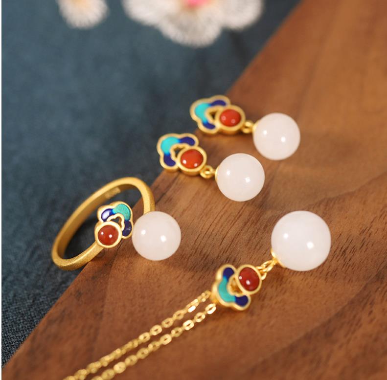 2021 S925 pure silver natural white necklace gold plated retro national style court red Hotan jade blue ball pendant Jewelry gift-image-703667282
