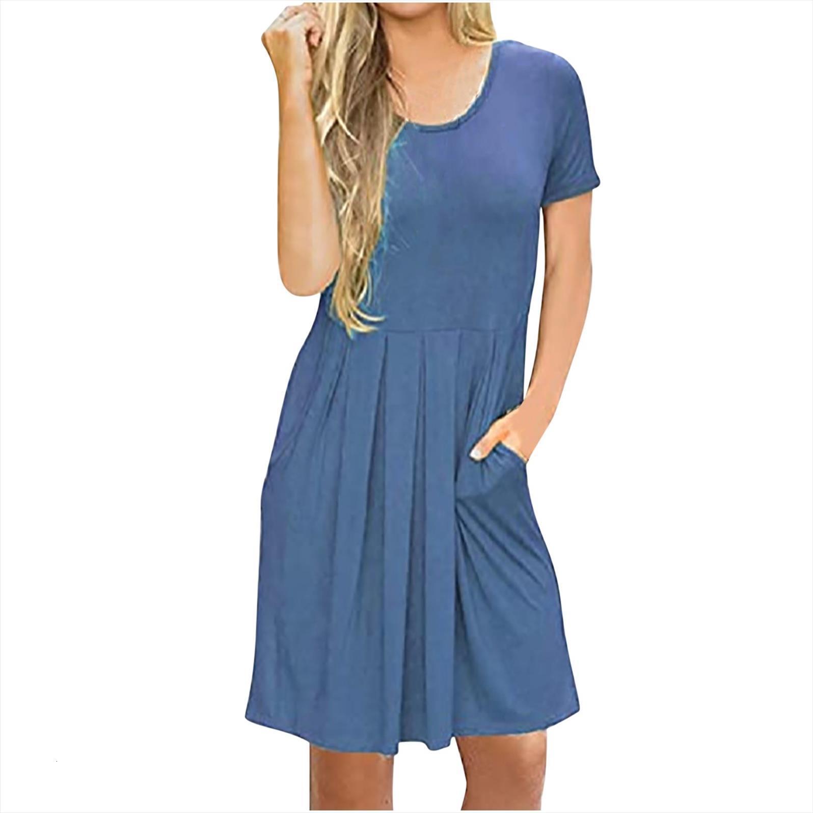 

short sleeve solid pleated women dress plus size o neck loose casual pockets knee length vestido de mujer, Black;gray