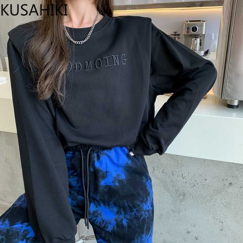 

KUSAHIKI Korean Letters Embroidery Women Sweatshirt Causal Long Sleeve O-neck Hoodies Spring Pullover Jumpers 6F083 210602, Black