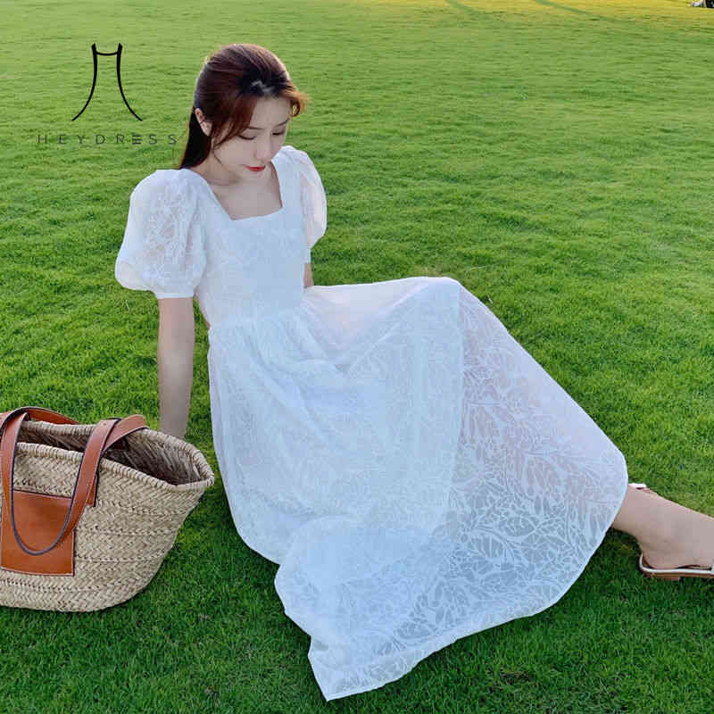 

Summer Women Sexy Backless Square Collar Fariy Dress Vintage Print White Beach Puff Sleeve Holiday Vestidos 210517