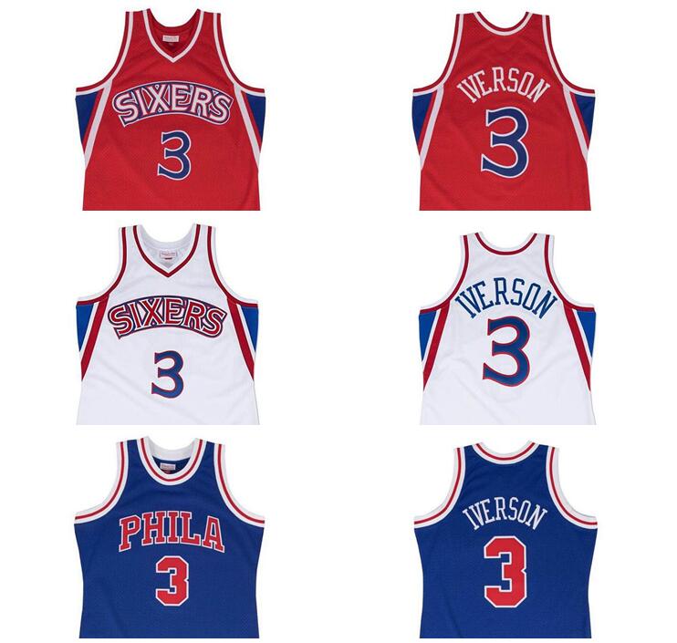 

Custom S-6XL Men women youth basketball Jersey Philadelphia 76ers 3 Allen Iverson blue white red Mitchell & Ness 1996-97 Hardwoo, Black;red