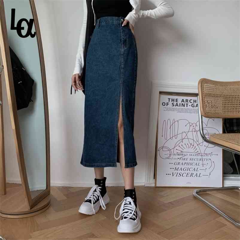

Chic High Waist Side Slit Denim Mid-Length Skirt Vintage Harajuku Solid All-match Jean Skirts Women Clothing Streetwear 210519, Light blue