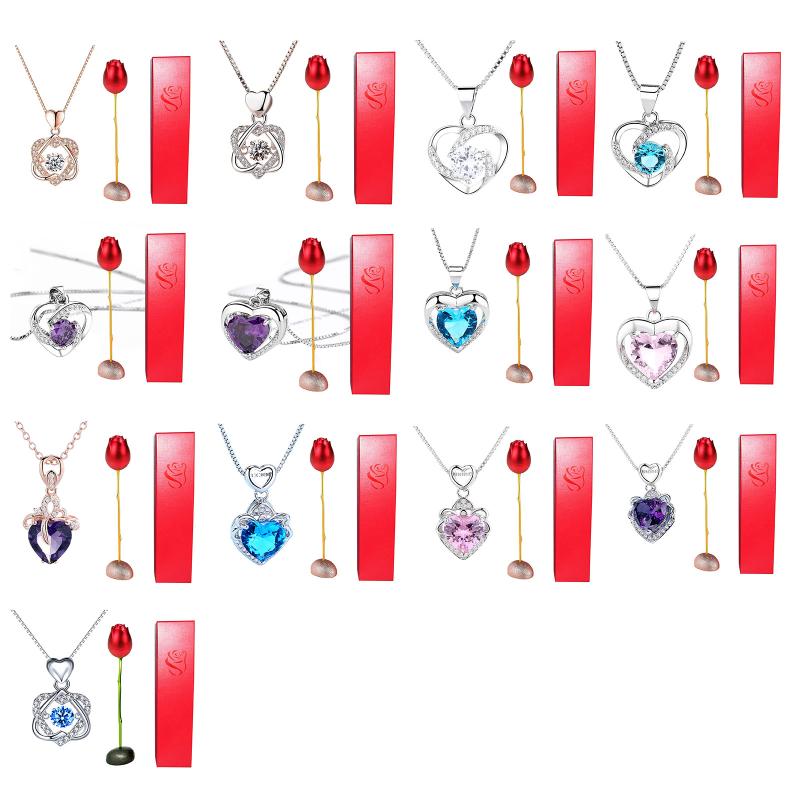 

Pendant Necklaces Rhinestone Diamond Heart Chain Necklace Charm Clavicle Fashion Jewelry With Rose Flower Holder Box, Silver