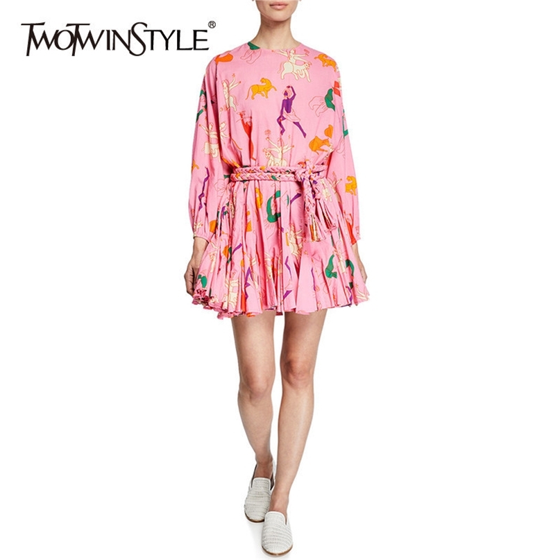 

Cartoon Print Womens Dress O Neck Long Sleeve Bandage Pleated Female Dresses Sweet Style Fashion Clothes 210520, Print4