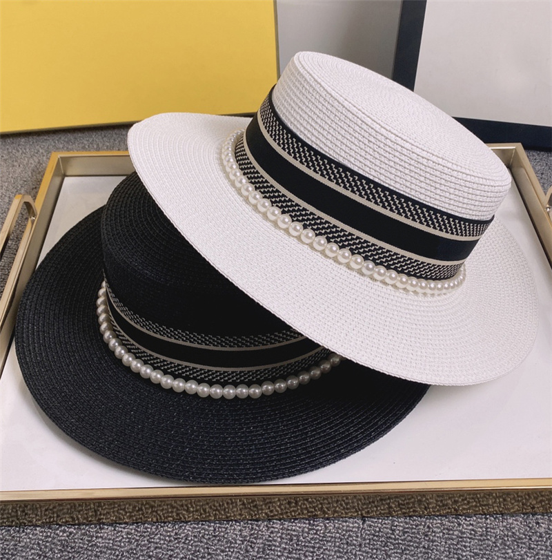 

Luxury Designer Bucket Hats Womens Fashion Straw Hats Men Lady Sunhat Designer Caps Fisherman Brand Classic Letters Print Pearl Straw Hats, Black no box