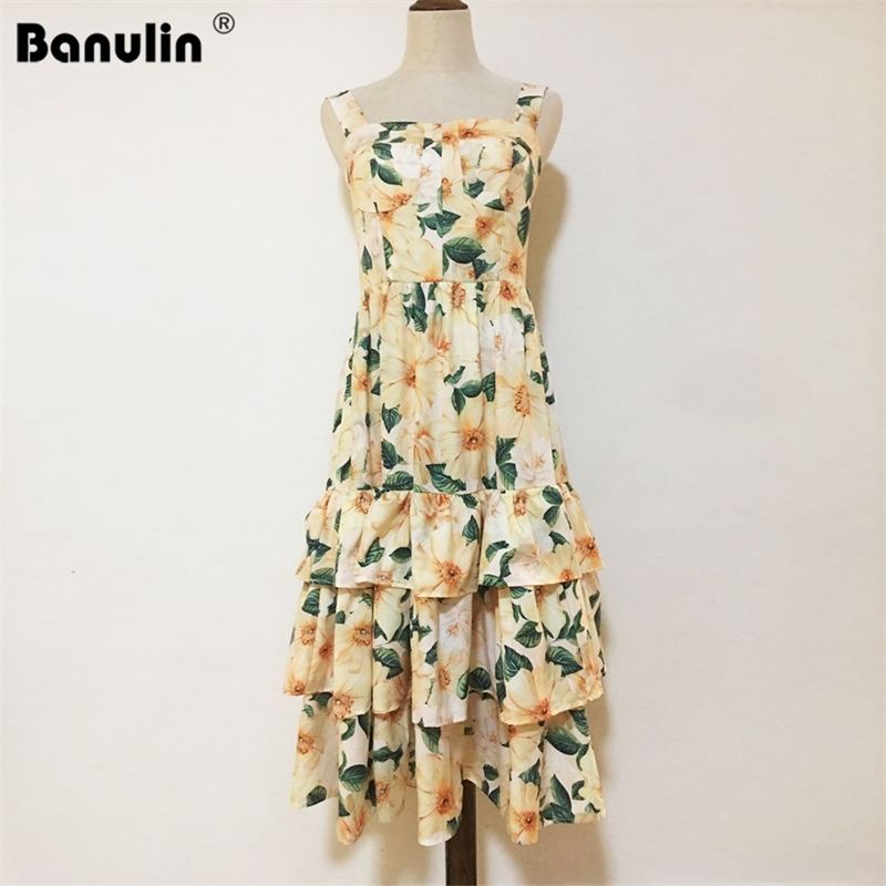 

Banulin Runway Summer Boho Dress Women's Spaghetti strap Backless Camellia Floral Print Cascading Ruffle Beach 210603, Mixed color