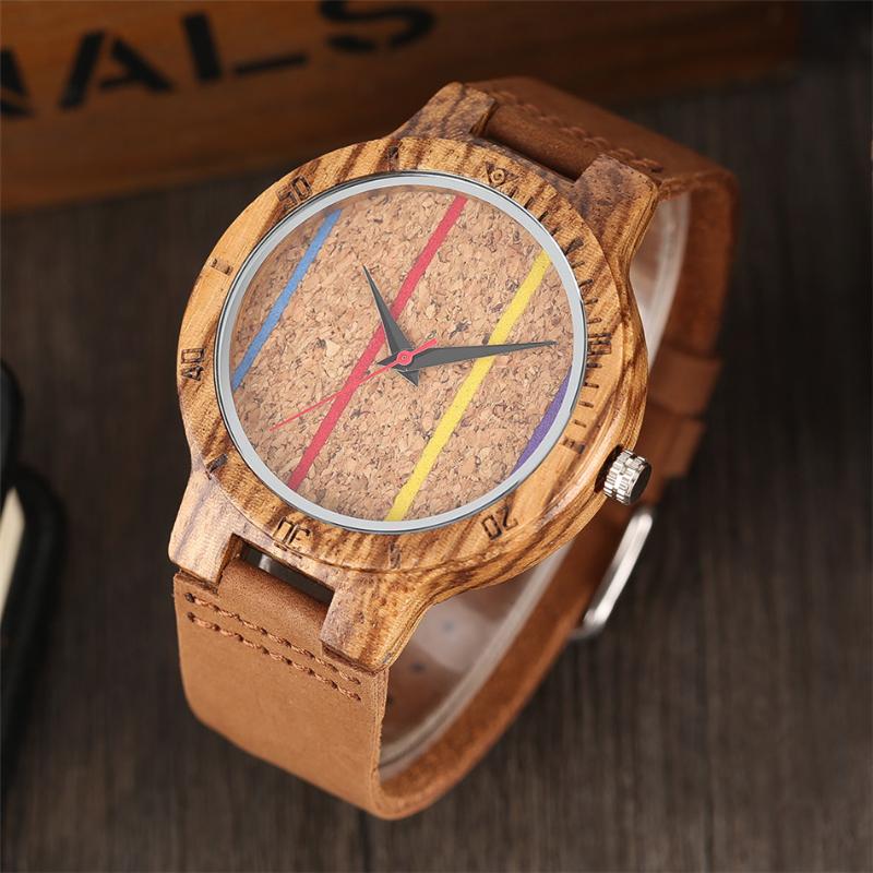 

Wristwatches Colored Stripes Red Seconds Display Natural Wood Watch Men's Quartz Wristwatch Genuine Leather Mens Watches, Brown