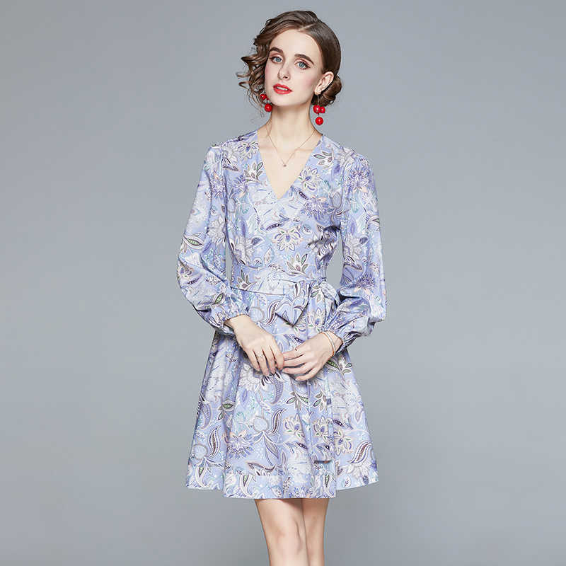 

Women Sexy V Neck Lantern Sleeve Print Floral Dress Autumn Elegant Slim Wrap Ladies A-line Mini Party Dresses Vestidos 210525, Lavender