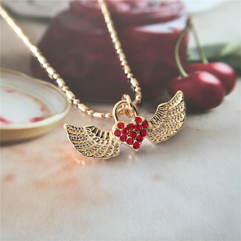 

Pendant Necklaces Trendy Gold Color Plating Red Clear Heart Center Angel Wing Necklace For Women Girl Elegant Gorgeous Jewelry Accessory, Silver