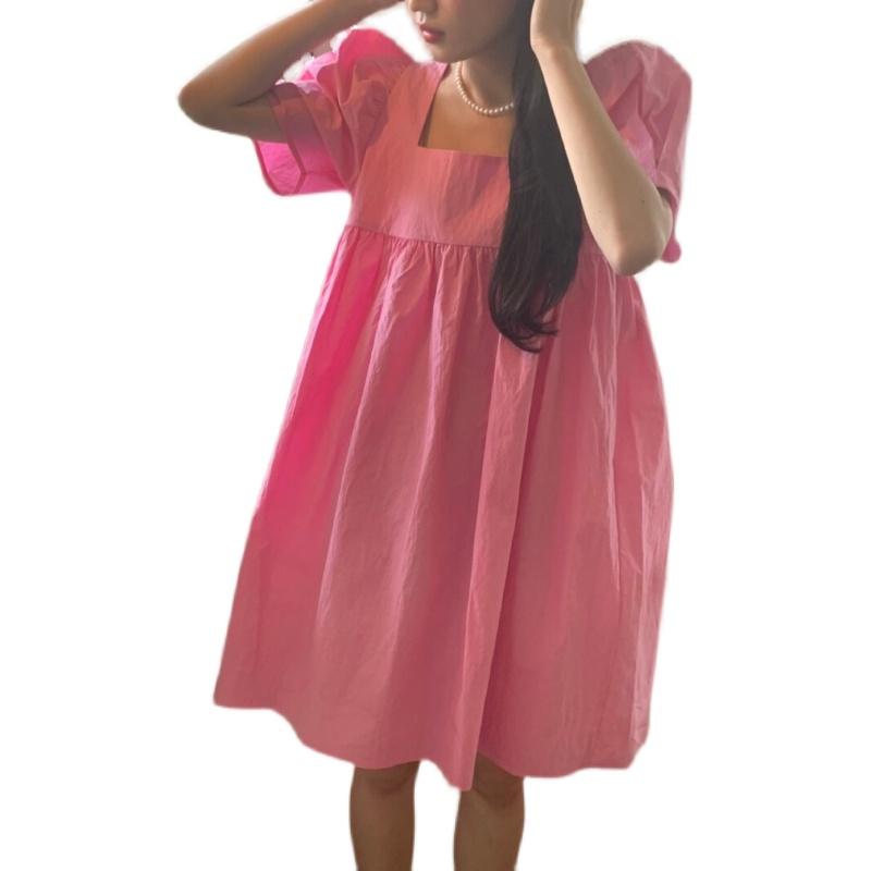 

Casual Dresses Chic Korea Cute Summer Dress 2022 Women Solid Square Neck Puff Sleeve Cotton Sweet Simple Doll Vestidos 15622, Black;gray