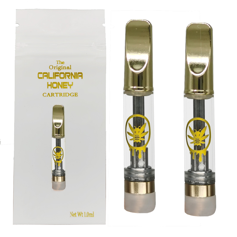 

California Honey Vape Carts 510 Cartridges Atomizers 0.8ml 1.0ml Gold Mouthpiece Ceramic Coil Thick Oil Vaporizer Empty E-Cigarettes Packaging Bags with Stickers