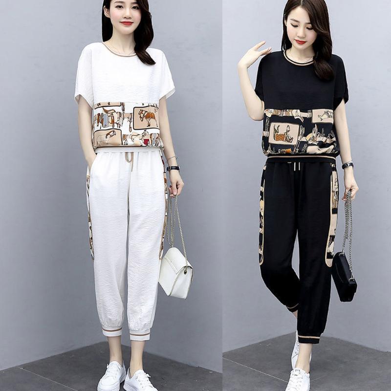 

Women's Tracksuits Ladies Short Sleeve Off Shoulder Printed Knitted Top Femal Shorts Casual Blouses Long Pants Set For Women Ropa De Mujer, White