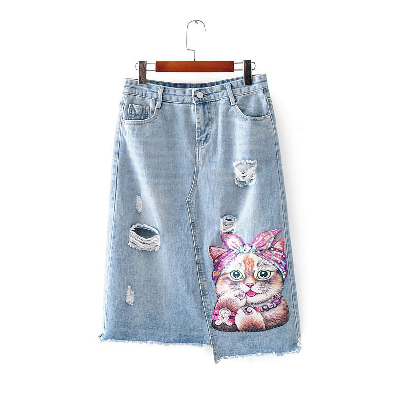 

Skirts 2021 Fashion Summer Denim Skirt Women Plus Size Loose Jeans Wash Hole Patch Female Casual Blue 3375