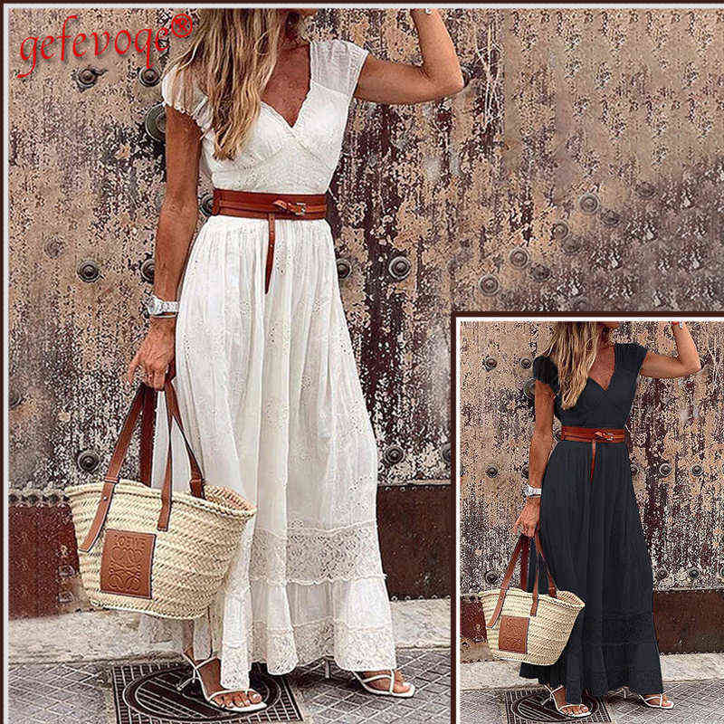 

Women's Clothing 2021 Summer Fashion V-neck Vintage Party Dress Female White Lace Elegant Maxi Dresses Casual Beach Long Dress G1223, White-without belt