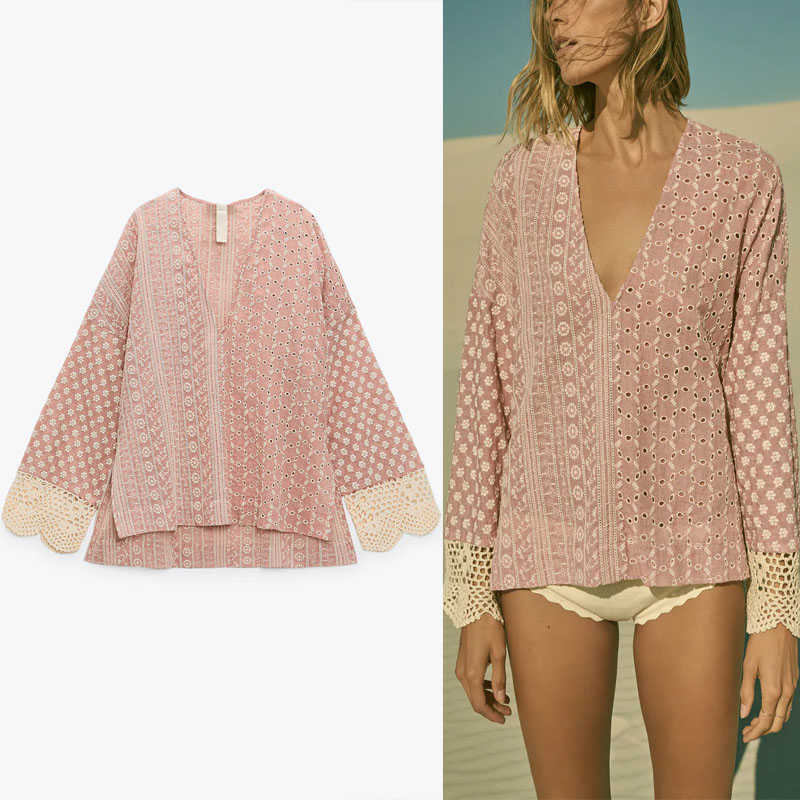 

Za Embroidery Blouses Women Long Sleeve Crochet Openwork Summer Blouse Fashion Asymmetric Embroidered Eyelet Woman Shirt Top 210602, As picture
