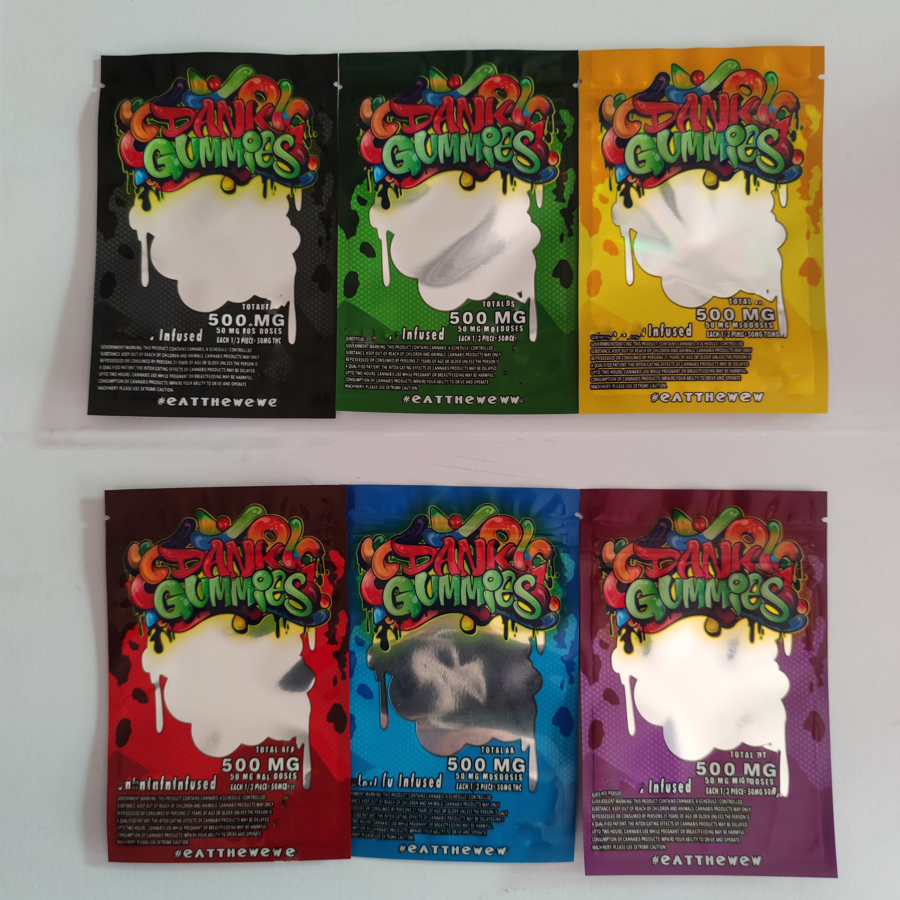 

Whosale 6 types Dank Gummies Mylar Bag 500mg edibles packaging smell proof resealable zipper pouch packages Dry Flower bags empty plastic packages