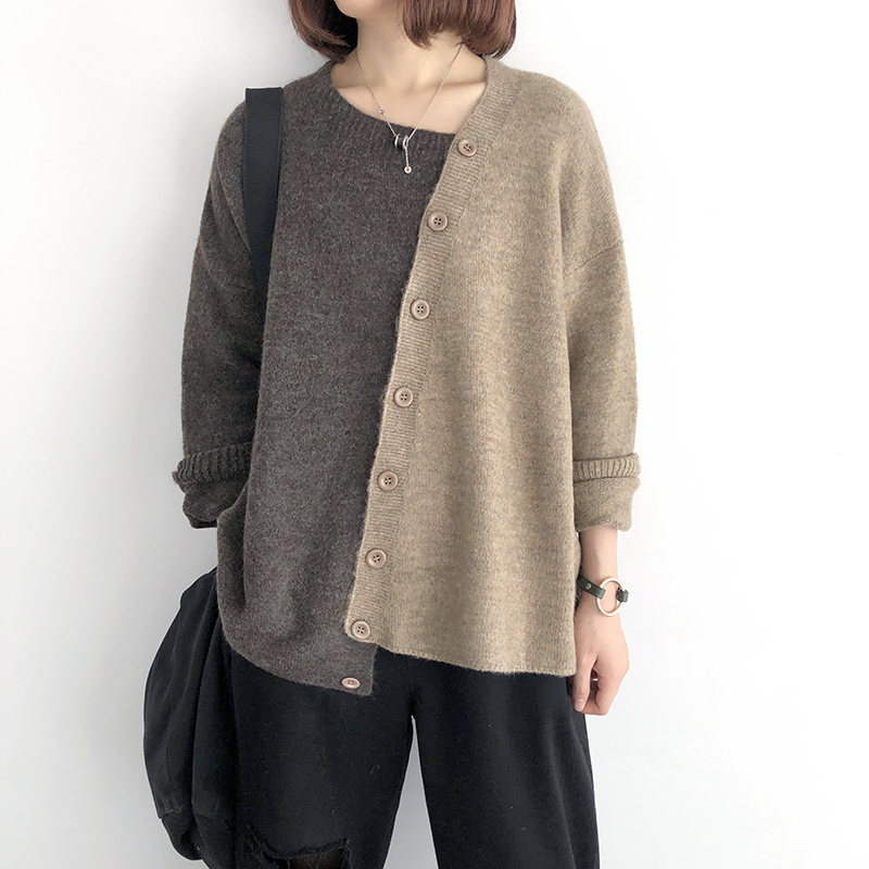 

Johnature Women Patchwork Color Autumn Sweaters Cardigan Vintage Fall Loose Irregular Long Sleeve Female Sweaters Coat 210521, Coffee