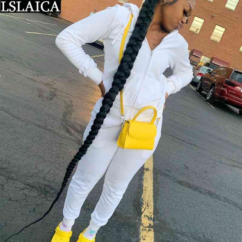 

Tracksuit Women Hooded Collar Casual Streetwear Fashion Two Piece Set Novelty Pocket Zipper Drawstring Dresy Damskie 210520, White