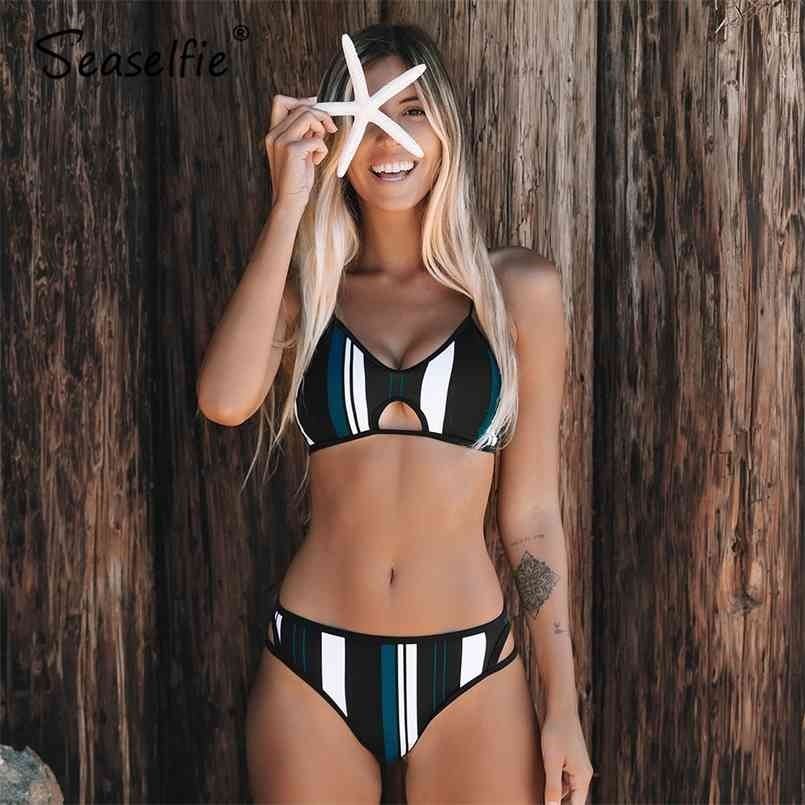 

SEASELFIE Sexy Blue White and Black Striped Bikini Sets Swimsuit Two Pieces Swimwear Women Summer Beach Bathing Suit 210630, Multi