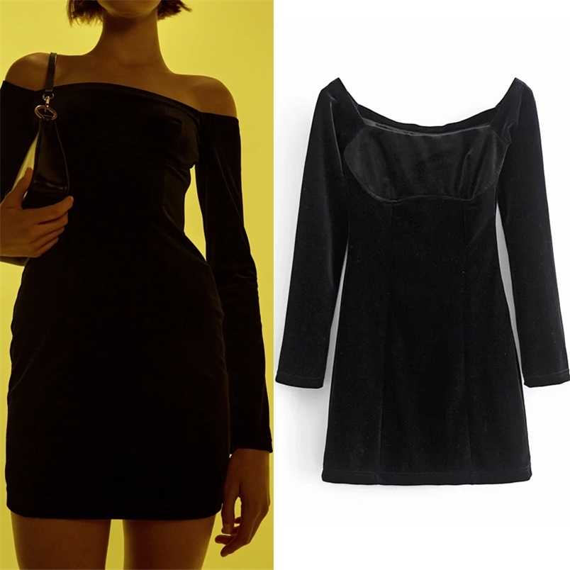 

Vintage Black Velvet Off Shoulder Dress Women Long Sleeve Mini Sexy Retro Elegant Ladies Party es 210519