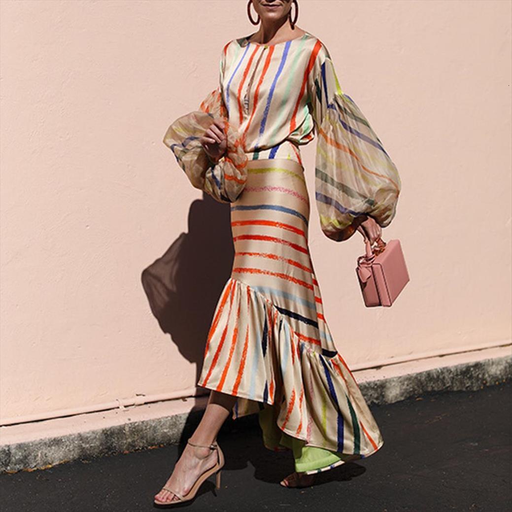 

boho two piece sets women tracksuits stripe print pullover t shirt and asymmetric skirt cocktail party elegant office lady autumn, Gray