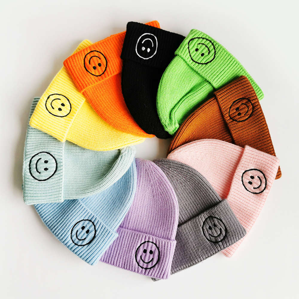 

Korean children's Knitted Hat Baby cute candy color baby smiling face woolen hat for boys girls in autumn winter, Yellow