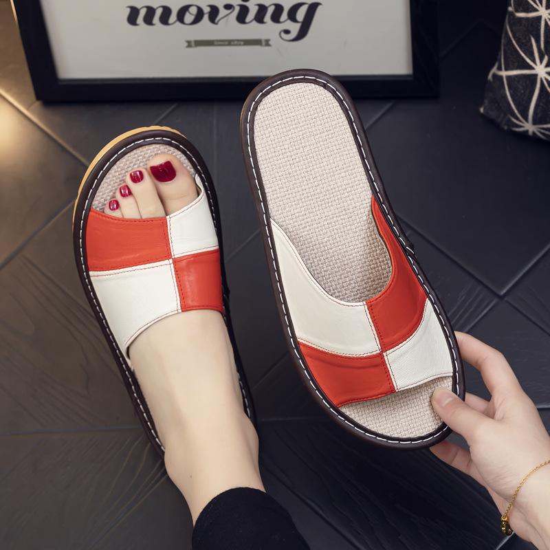 

Slippers Light Luxury Genuine Leather Sheepskin Women's PVC Rubber Sole Non-Slip Summer Shoes Comfortable Soft Couple Sandals, Red brown