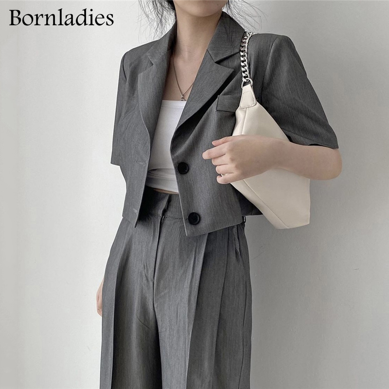 

Bornladies Office Lady Blazer Suits Vintage 2 Piece Sets Women Long Sleeve Short Blazer + High Waist Wide Leg Flare Pants Sets 210524, Black
