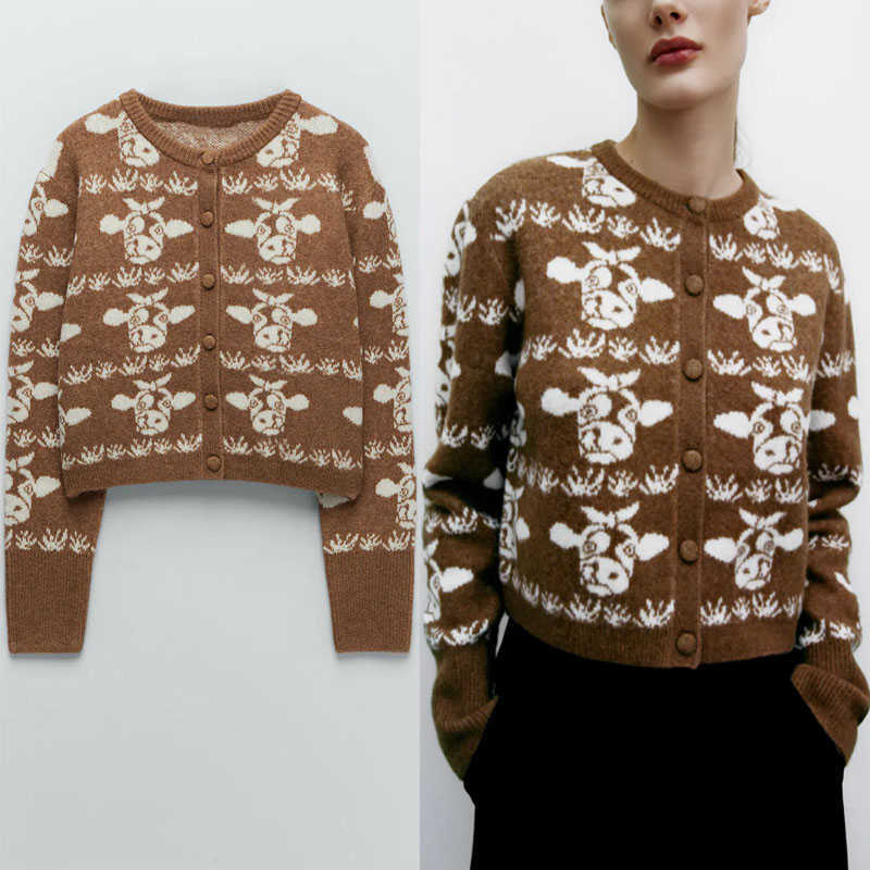 

Vintage Animal Jacquard Knit Cardigan Women O Neck Long Sleeve Soft Sweater Female Chic Front Button Slim Knitted Tops 210602, As picture